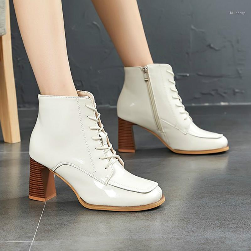 

2021 Women Ankle Boots Women Thick Heel Zipper Winter Shoes Woman Lace Up Shoes Fashion Party Footwear Size 34-431, Black