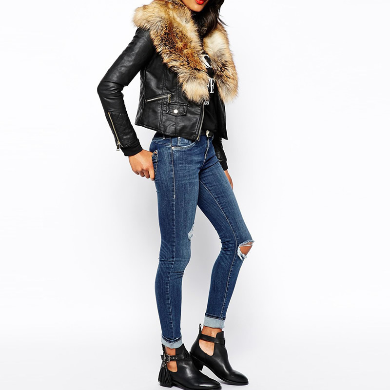 

Wholesale- warm collar Rainproof black leather jacket women Biker Motorcycle colete de pele long sleeve punk faux fur Short Coat BND6, White