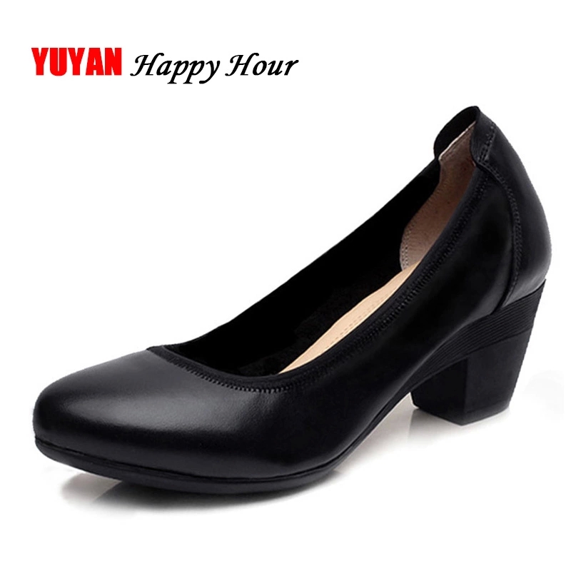 

New Fashion Office Ladies High Heels Women Genuine Leather Heeled Shoes Women's Pumps Brand Black Shoes Thick Heel 5.5cm ZH2411 #Ai7I, Beige