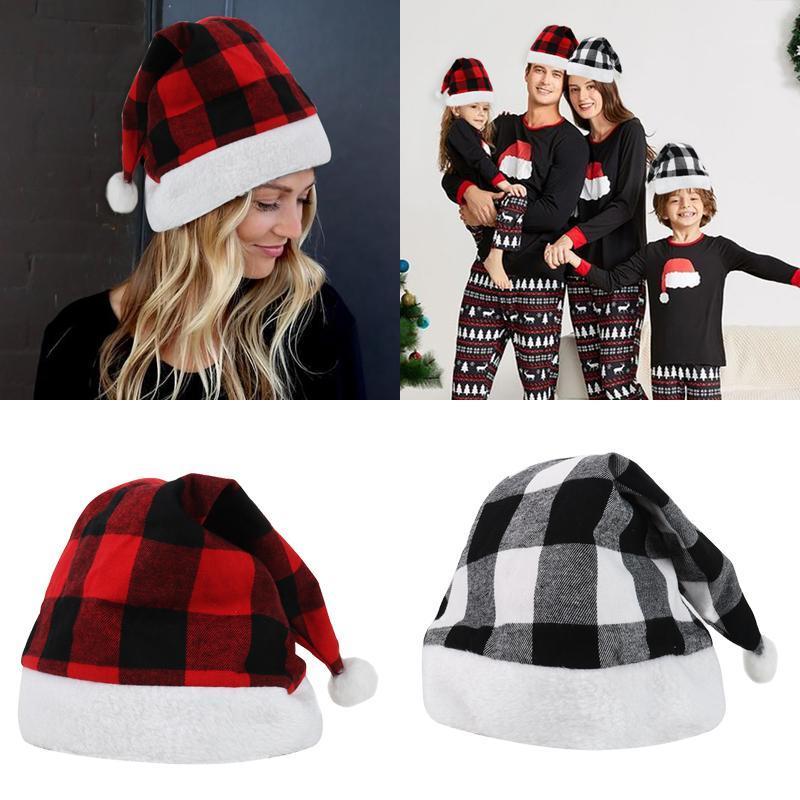 

1pcs Christmas Hat Red Black Plaid cotton hats Merry Christmas Decorations For Home gift new year Ornament natal gifts1