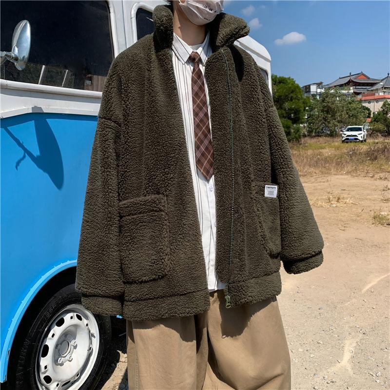 

2020 Autumn And Winter New Youth Popular Loose Solid Color Harajuku Style Lamb Wool Coat Fashionable Casual Polar Fleece Top, Black
