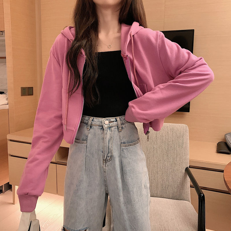 

2021 New Fashion Autumn Hoodies Long Hood Female Sweatshirt Short Pocket Thin Jacket Sport HAP2, Pink
