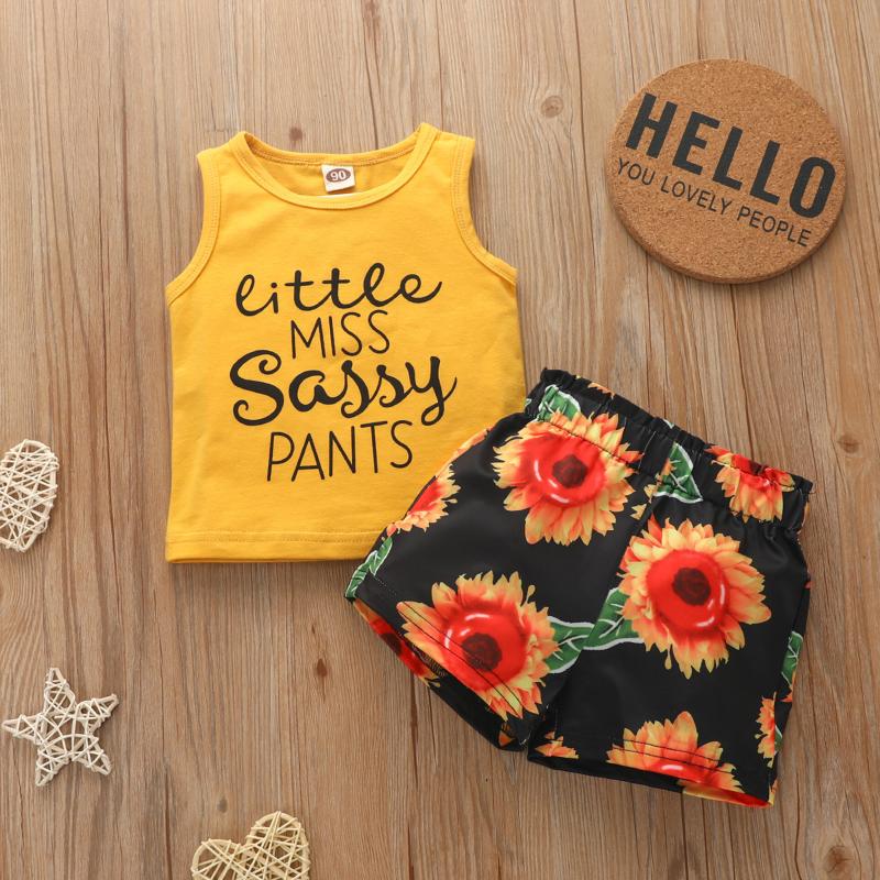 

Clothing Sets 2PCS Outfits Set Baby Girls Clothes Infant Princess Party Letter Vest Tops+Sunflower Shorts Boys Kids, White