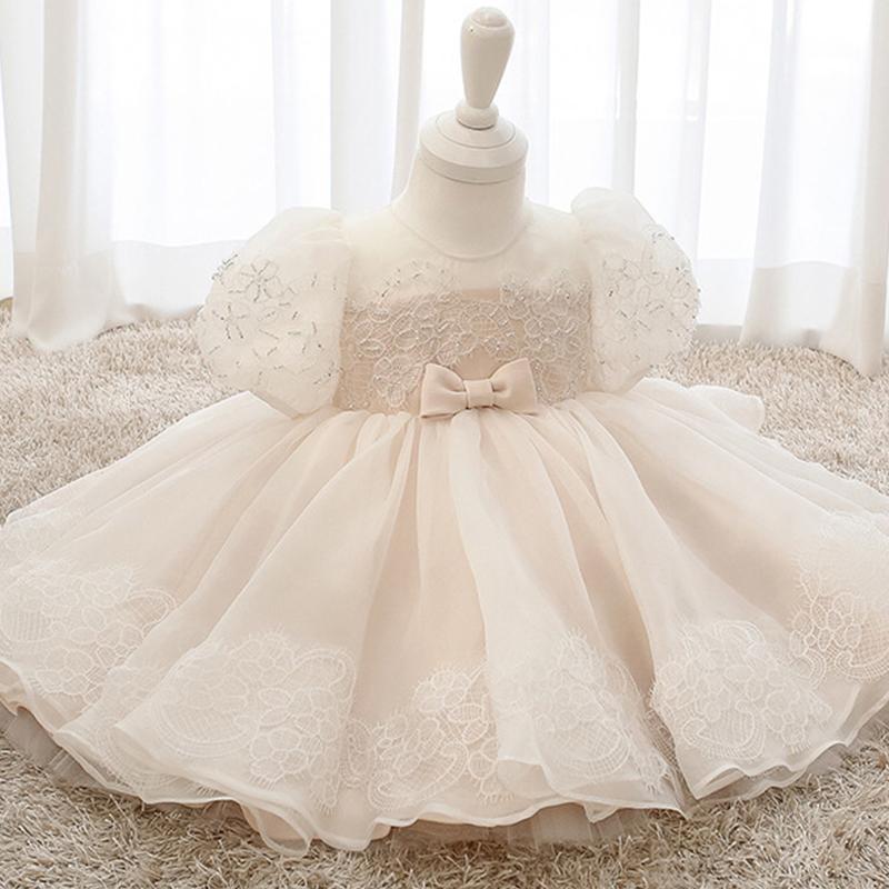 

Princess bow dress kids dinner party evening dress new girl birthday party beaded puff sleeve flower girl wedding, As picture