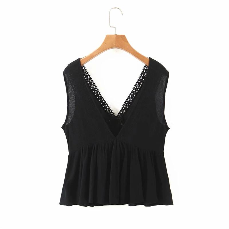 

women sexy v-neck lace pajamas style black short blouse 2020 summer chic lady sleeveless ruffles solid shirts tops femme