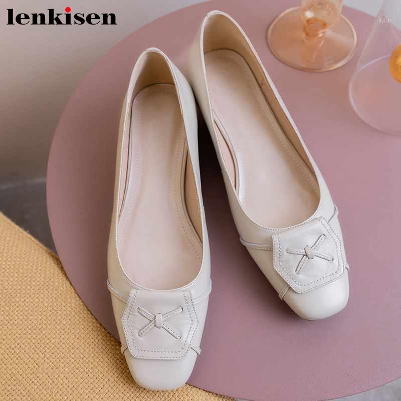 

Lenkisen soft breathable genuine leather design solid slip on loafers square toe med heels spring concise comfortable pumps L131, Apricot