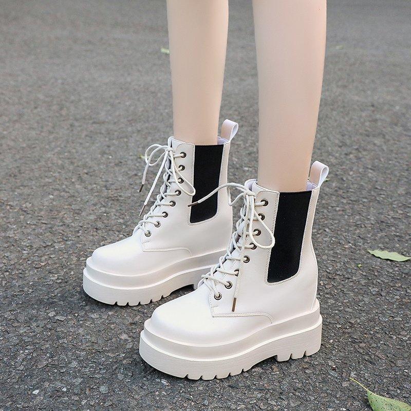 

Lucyever Fashion Elastic Chunky Platform Boots Women Waterproof Pu Leather Hidden Heels Shoes Woman Autumn Ankle Boots Female, Black