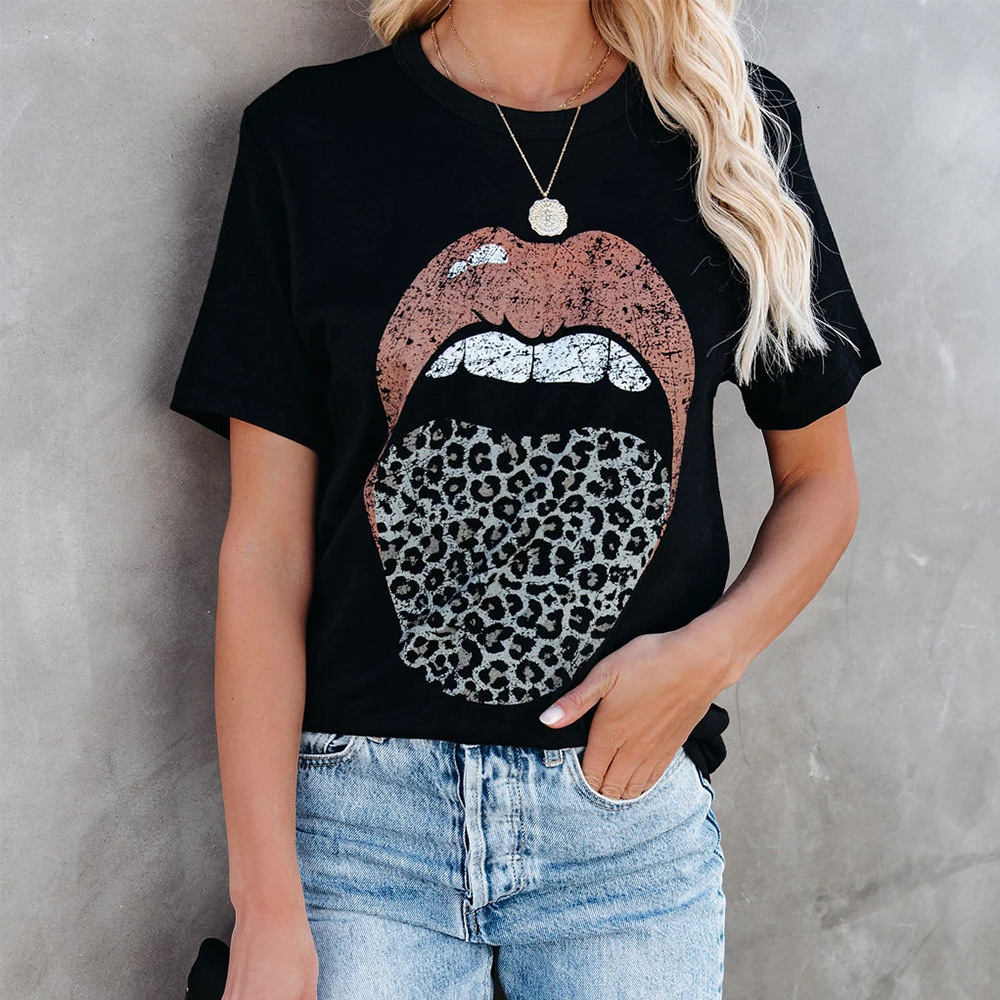 

2021 Ladies Leopard Print Lip Around Neck Fashionable Shirt Short Sleeve Women's Clothing XPEP, Black
