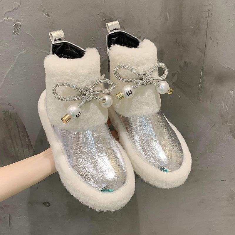 

Top bling crystal flat ankle for women fashion thick beading teddy shoes warm snow boots dwaterproof water woman, Brown