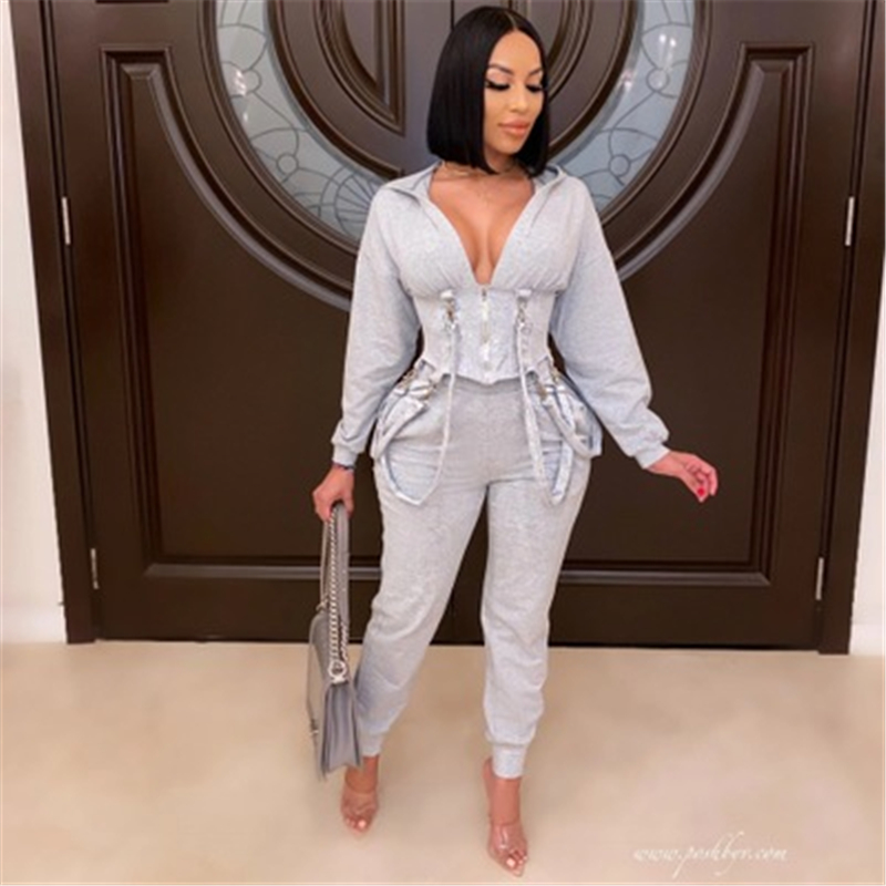 

Women Solid Color Sets Fashion Trend Long Sleeve Zipper Bandage Hooded Tops Jogger Pant Suits Designer Female Winter Casual Slim Tracksuits, Black