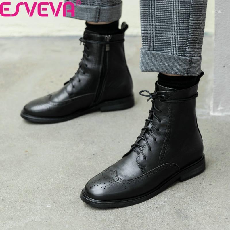 

ESVEVA 2020 Lace Up Zipper Round Toe Autumn Winter Casual Ankle Boots Cow Leather Square Low Heel Comfort Women Shoes Size 34-391, Black