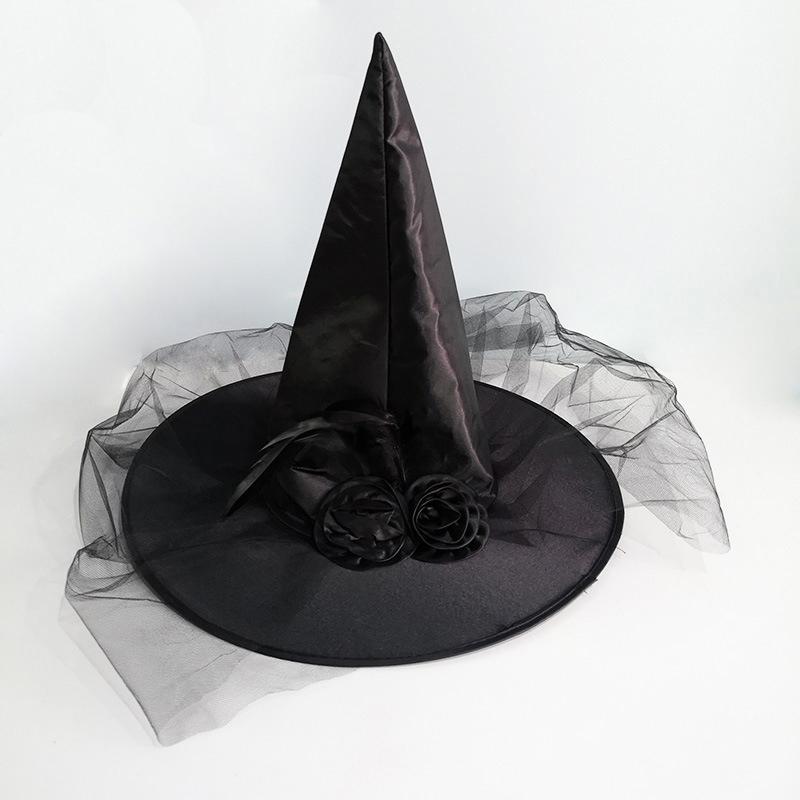 

Halloween Striking Lace Mesh Witch Hat With Feather Rose Portable Adult Witch Hat Halloween Party Cos Props