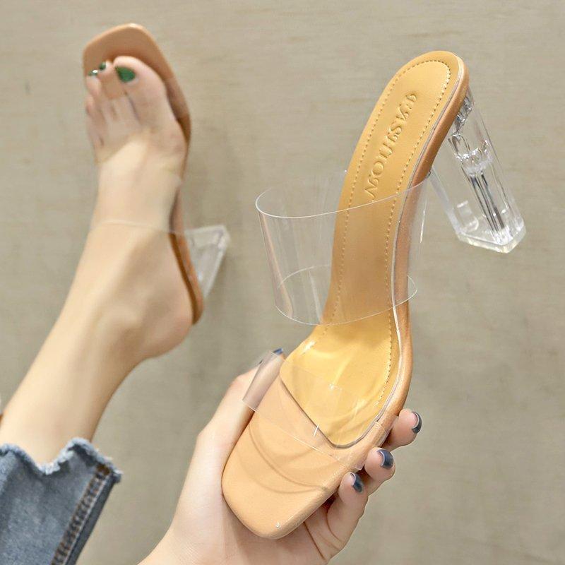 

Transparent High Heels Women Square Toe Sandals Summer Shoes Woman Clear High Pumps Wedding Jelly Buty Damskie Heels Slippers, Apricot 7cm