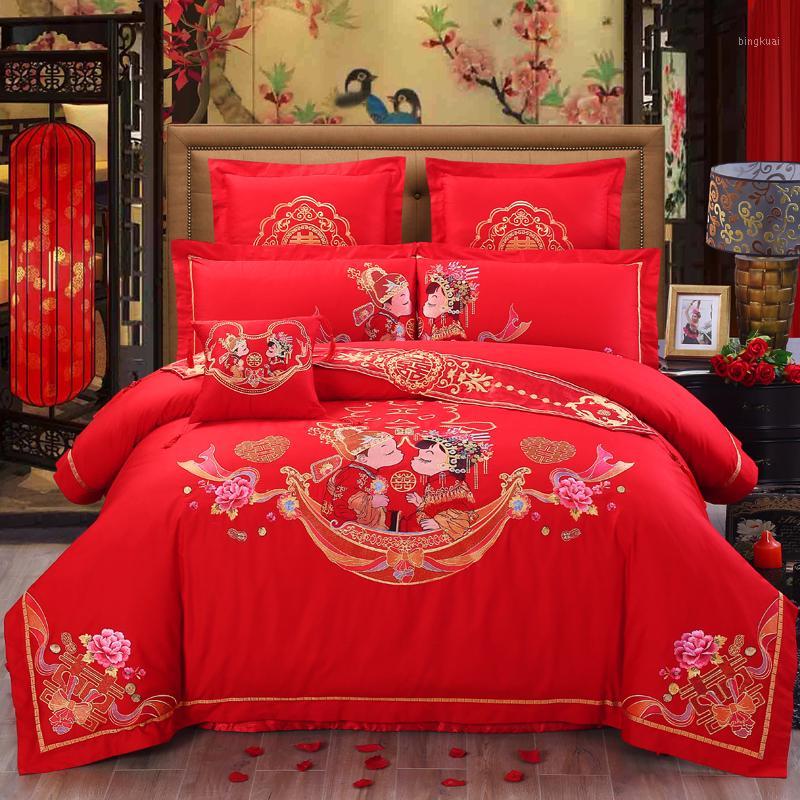 

100% Cotton luxury Chinese Wedding Bedding Set Embroidery Duvet Cover set Bed Sheet Pillowcases Queen King Size 4/6/8/10pcs1, Kne1