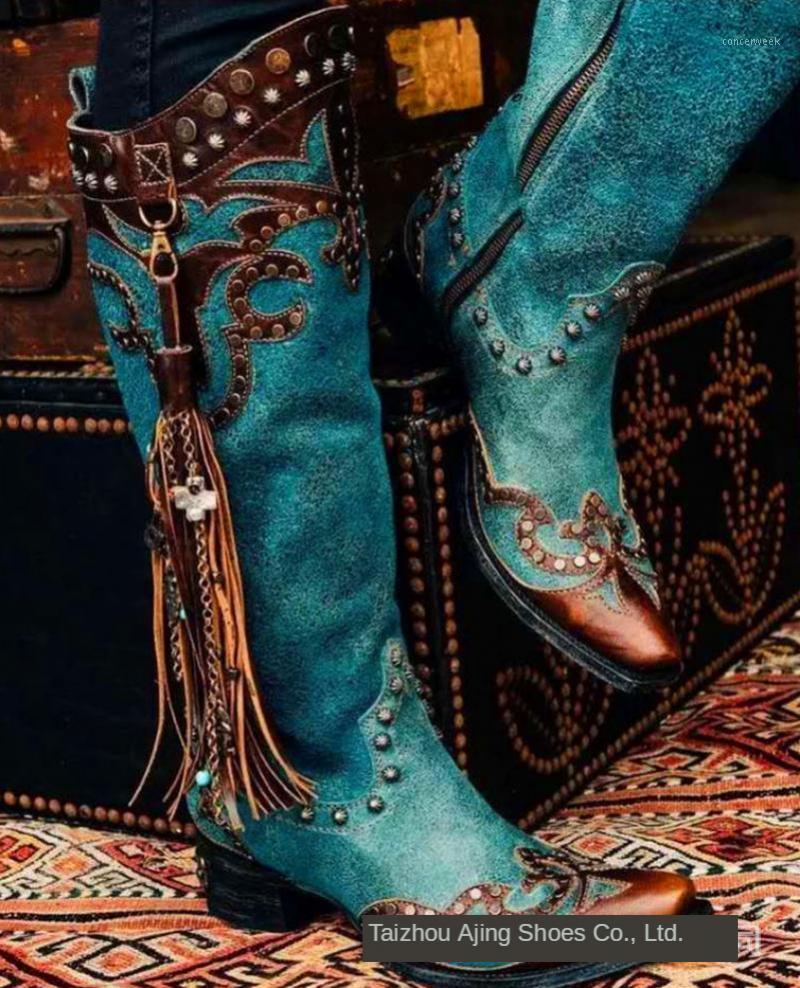 

Vintage Riding Boots Women Tassel Punk Cowboy Boots Rivet 2020 Autumn Female Fashion Tall Thick Heel1, Sky blue