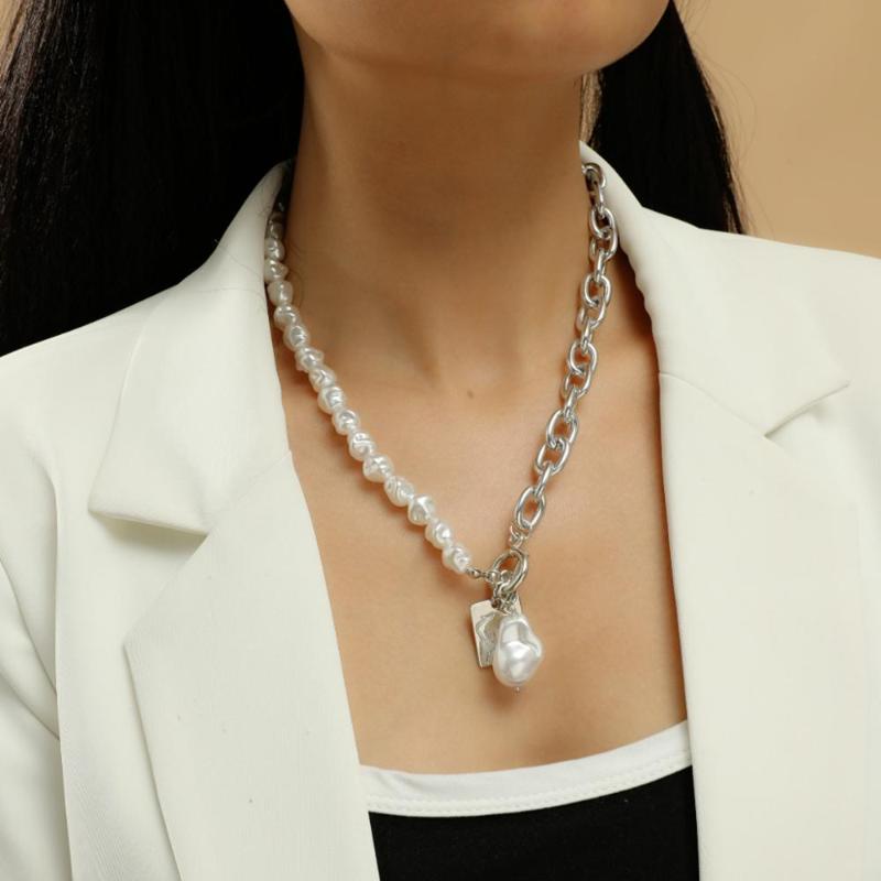 

Punk Imitation Pearl Curb Cuban Chunky Thick Choker Necklaces Collar Boho Square Pendant Necklaces for Women Jewelry