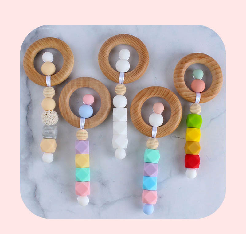 

2021 new DIY silicone baby Teethers Wooden Teething training Kids Teether Teething Ring Handmade Natural Infant Wood Ring Teethers B3244
