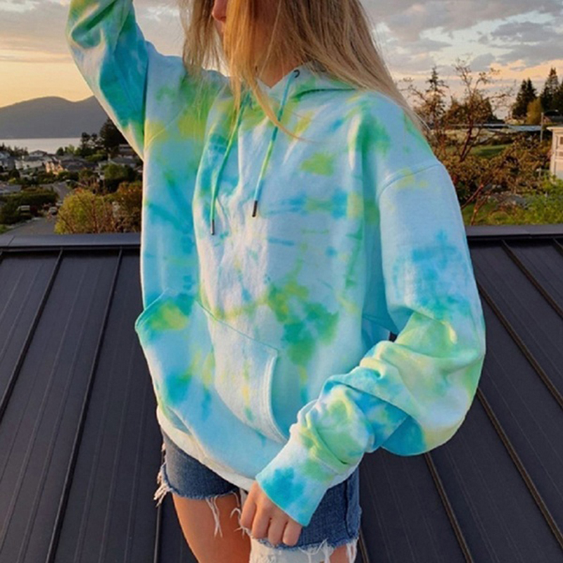 

Ladies tie dye 2020 female with long sleeve hoodie jumper outwear streetwear, Green