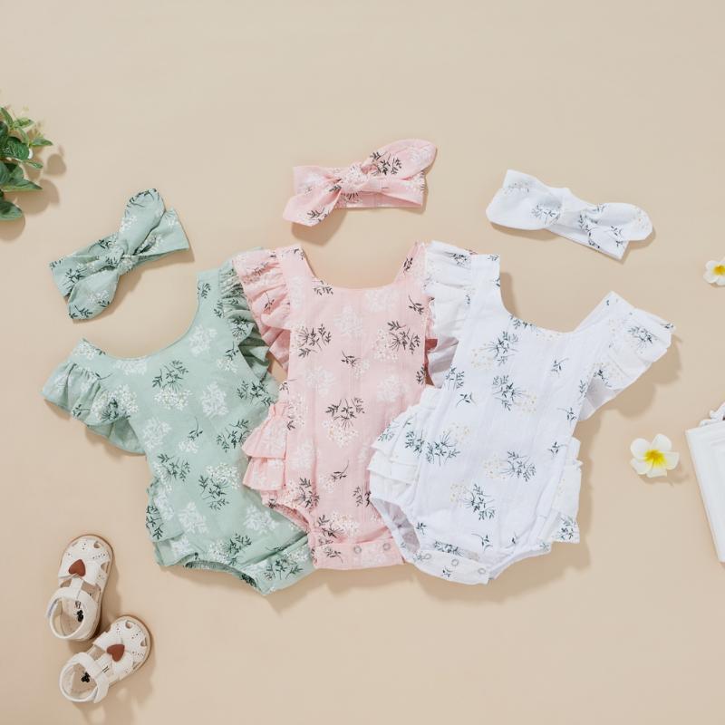 

Rompers Baywell Summer Born Baby Girls Cotton Cute Floral Print Bodysuits Sleeveless Jumpsuits+Headband 2Pcs Outfits, Blue