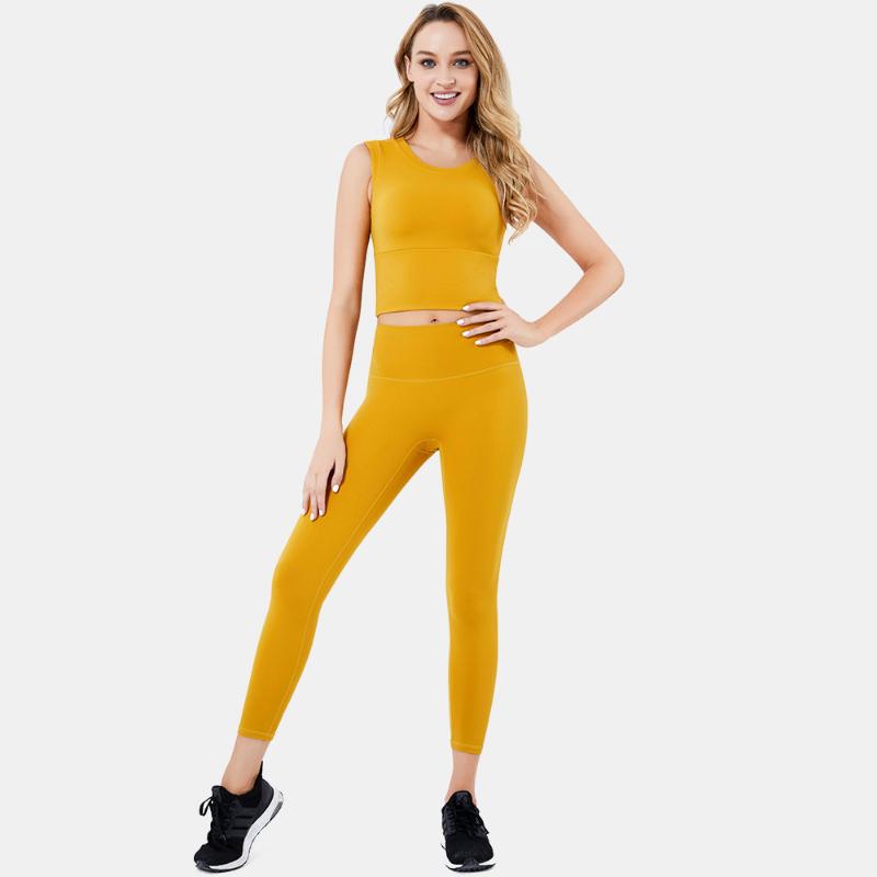 

2021 Hot Sale High Quality Women' Yoga Suit High Elasticity Solid Color Sleeveless Vest Fitness Sports Tights Two Piece Set, Green