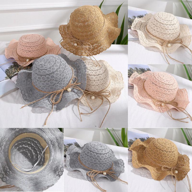 

Summer Baby Lace Wave Beach Bucket Hat Children Cap Pearl Foldable Sun Hat AU, Khaki