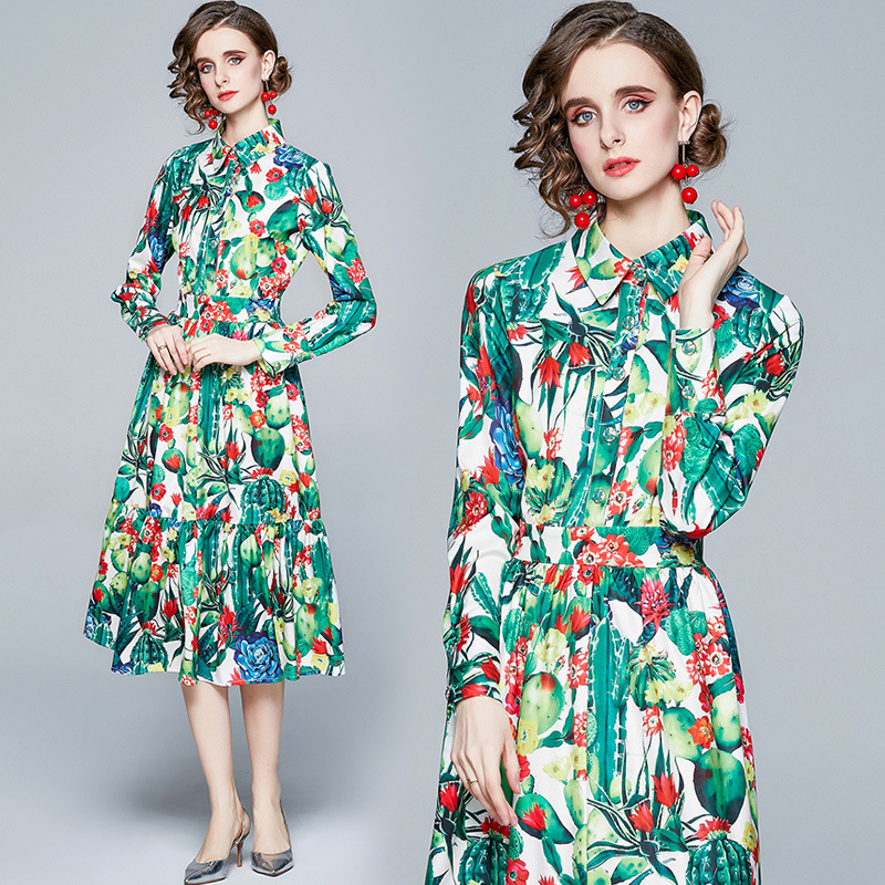 

High Quality Womens Dress Designer New Style New Spring Womens Dress Style Fashion Printed Long Sleeve Medium Length Womens Dress Size -XXL, White