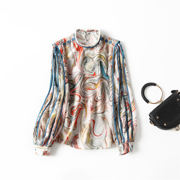 

European and American women' clothing new 2021 spring Long sleeve collar Fashion abstract print silk shirt, Blue