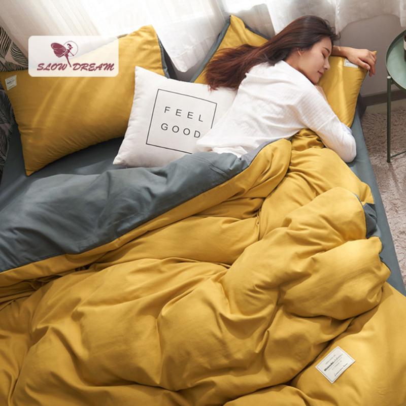 

SlowDream Yellow Duvet Cover Gray Flat Sheet Pillowcase Bedding Set Home Decor Bed Linen Set Bedclothes Classic Fitted Sheet, 20