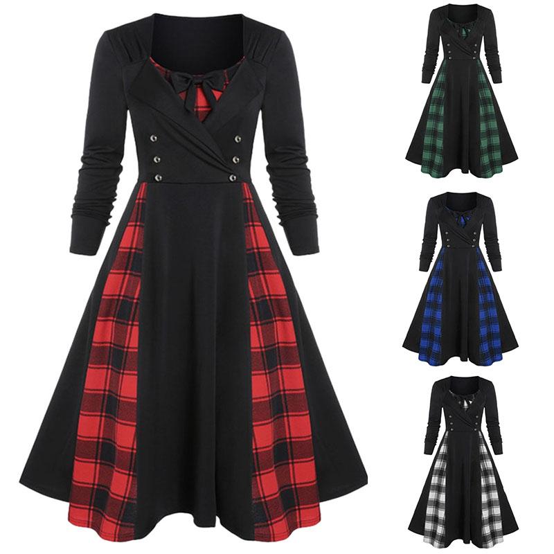 

Women'S Christmas Contrast Check Pattern Stitching Double-Breasted Long-Sleeved Slim Dress, Blue