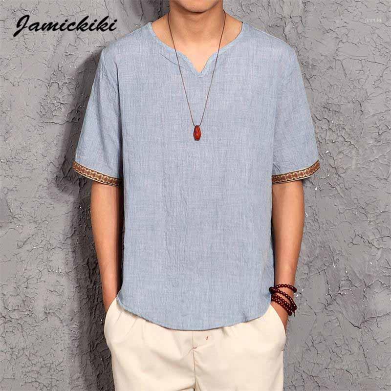 

Men's T-Shirts Wholesale- Korean Style Mens T Shirts 2021 Summer Fashion V-neck Cotton And Linen T-shirt Homme Baggy Tops Tees High Quality, Red