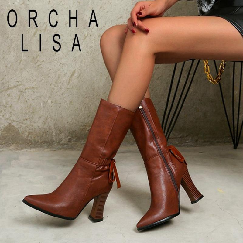 

REAVE CAT New Mid-Calf Boots Pointed Toe 9cm High Wood Heels Zip Lace-Up Simple Classic Big Size Warm Winter Brown A3287, Black