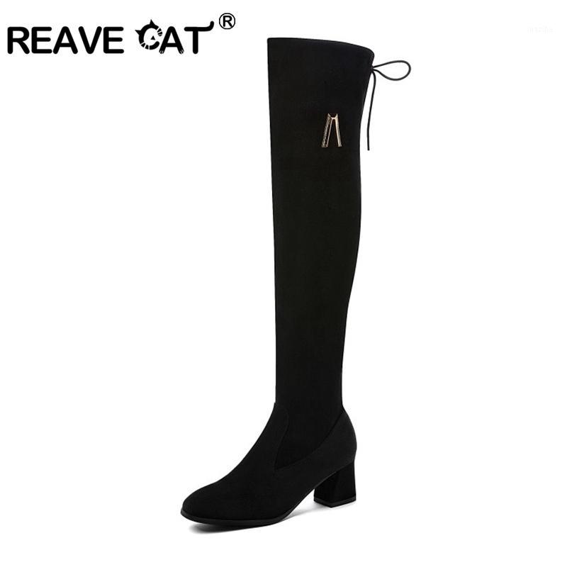 

REAVE CATOver-the-Knee boots Round toe 5cm Square heel Flock Zipper Metal Decoration Big size 33-46 Black Date Casual S19971, Black fur