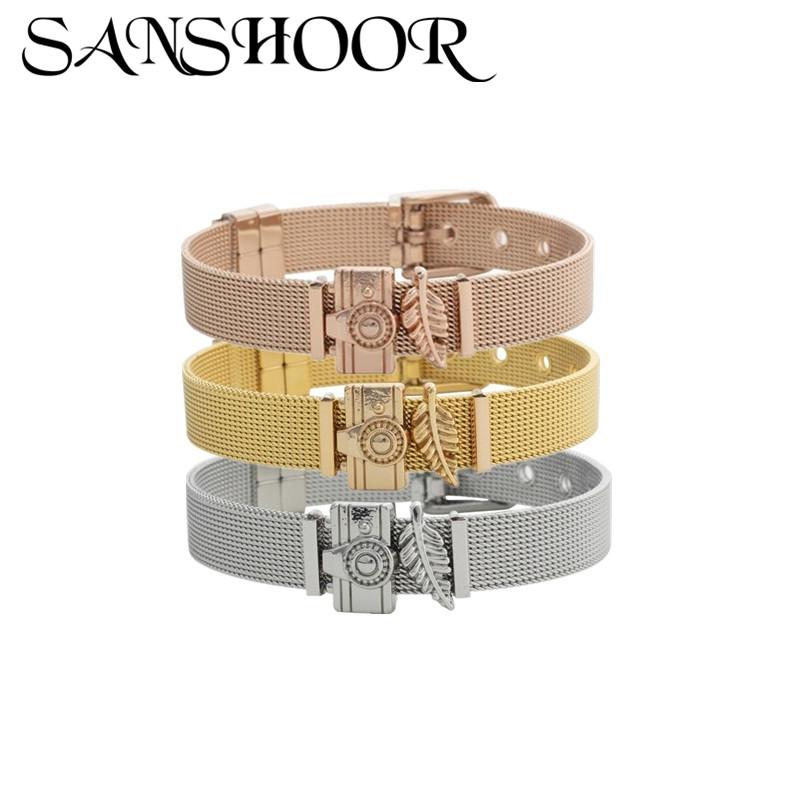 

Dropshipping SANSHOOR Jewelry Fashion silver plated/Rose Gold Stainless Steel Mesh Bracelet Set with DIY Slide Charms for Women