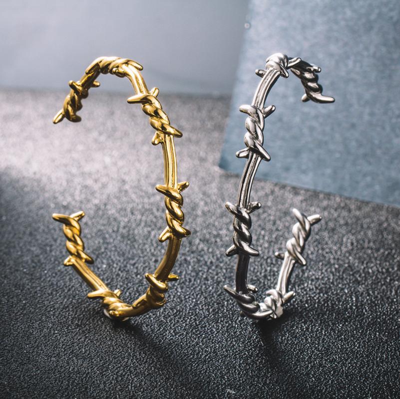 

Creative Design Cuff Twist Thorns Wire Metal Geometric Open Bracelet Bangles Hip Hop Men Rock Party Jewelry