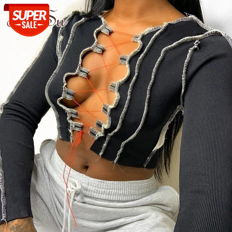 

ArtSu Long Sleeve Sexy Lace Up Tie Front T-Shirts Summer 2020 Hot Sale Ruffles Crop Top Shirts Slim Knitted Streetwear TS52346 #Hk8d, White
