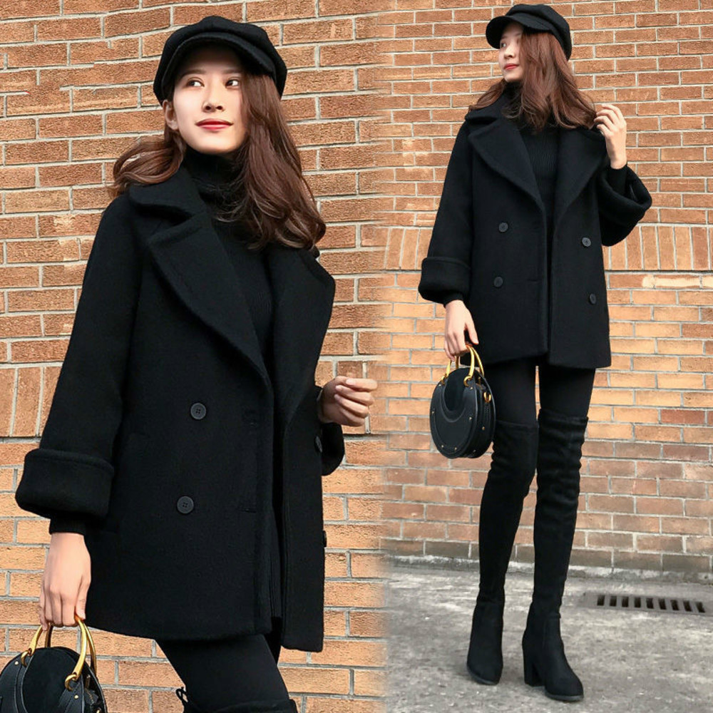 

Woman Loose Black Thick Woolen Coat Female Jacket