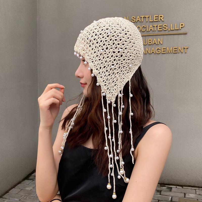 

High Quality Women Hat All Seasons Knitted Beanie Hat Lady Crochet Pearl Skullies Beanies Vintage Female Tassels Beanies ZZ-386, 6 bell