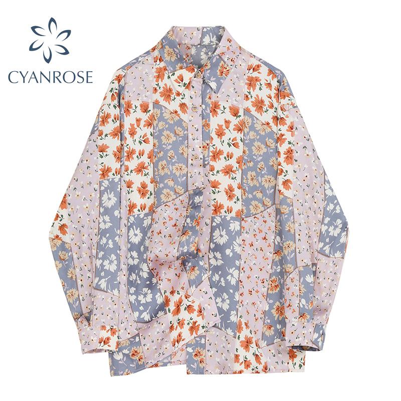 

2021 autumn spring Chiffon Women shirt Long Sleeve Casual Fashion Vintage Elegant Print Turn-down women Blouses Tops Streetwear, Picture color