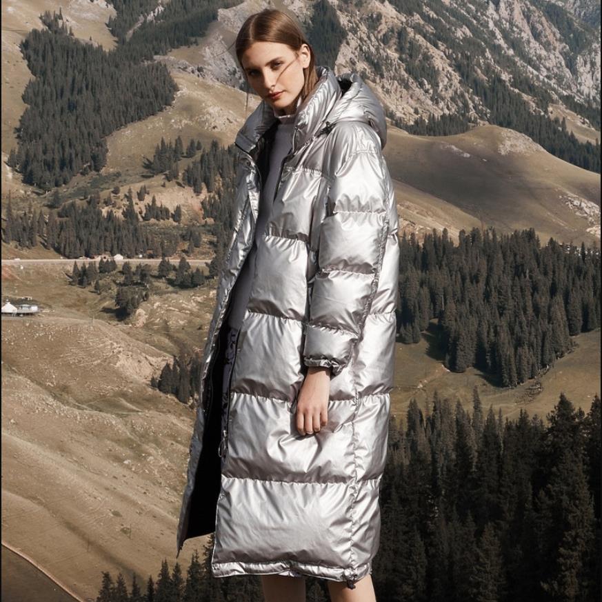

Bright winter silver plus thick duck hot coats parkas oversize feminine on the long knee with hood down warm coat jackets, Gray