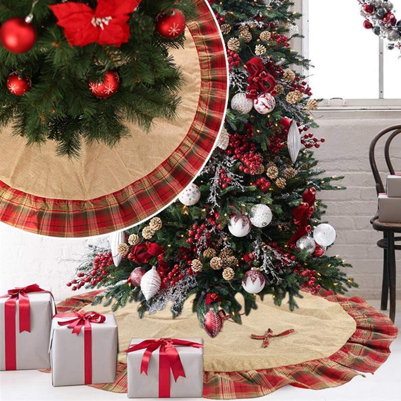 

New Year 2021 Decor Christmas Tree Skirt Plaid Trim 120cm Xmas Tree Skirts Cover Floor Mats Round Carpet Christmas Decorations1