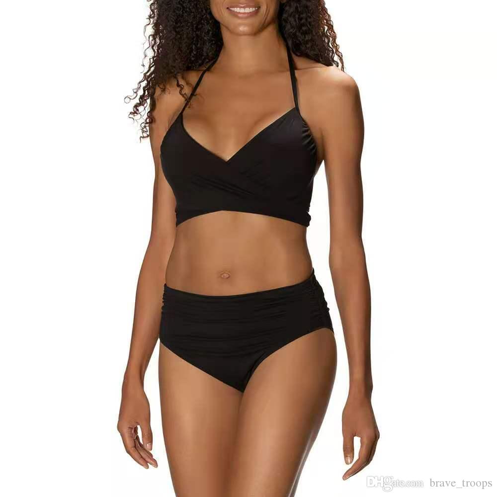 

Summer new bikini 2020 halter neck swimsuit women solid slim frill split swimsuit 002