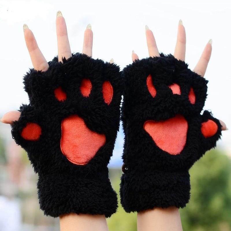 

Women Cute Cat Claw Plush Mittens Warm Soft Plush Short Fingerless Fluffy Bear Cat Gloves Costume Half Finger Black Beige1