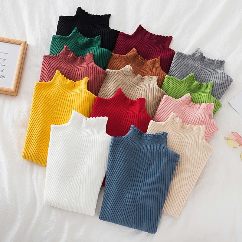 

Women's Sweaters Autumn 2022 Long Sleeve Ruffle Sweater Women Slim Korean Casual Pullover Solid Knitted Bottoming Shirt All Match 17038, White;black