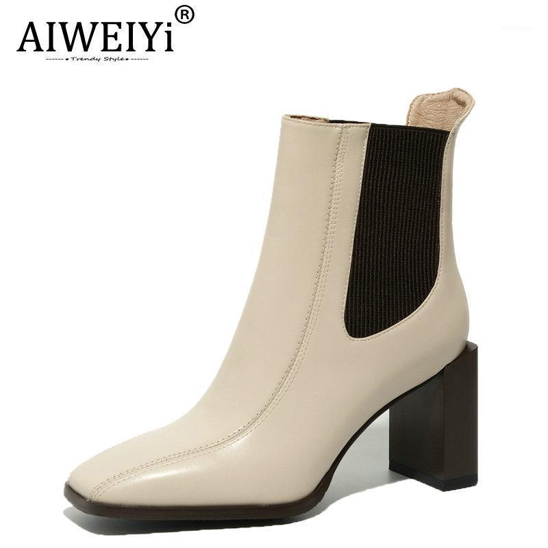 

AIWEIYi Women Natural Genuine Leather Thick High Heels Ankle Boots Elastic Band Platform Pumps Round Toe Ladies Shoes1, Black