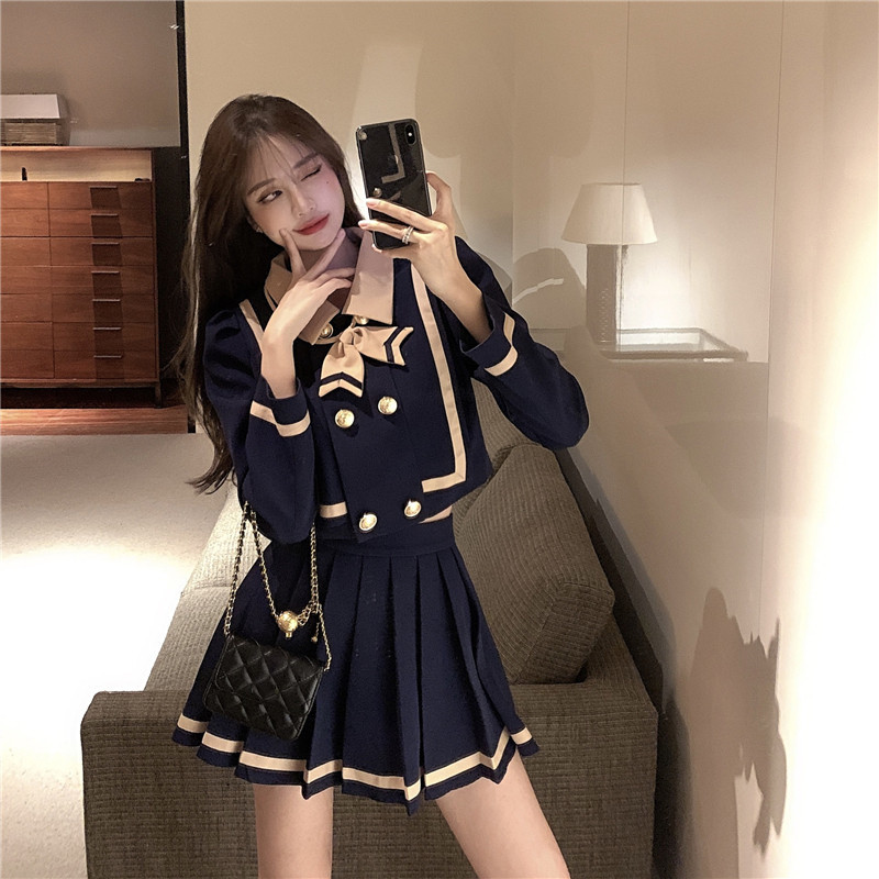 

2021 Kawaii Female Autumn 2 Piece Define s Tops and New Sweet Skirt Plissada 2-piece Suit Preppy Style Matching Clothes HXI0, Blue
