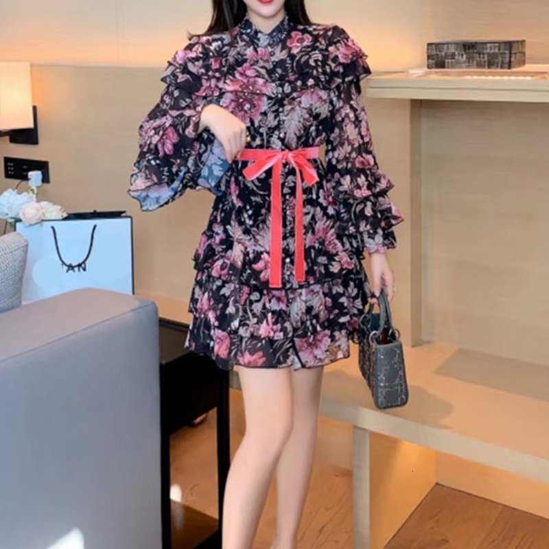 

2021 New in Slobbering Cascade Vintage Woman Dressed Elegant Ladies High Floral Waist Printed Silk Mini Women' Clothing X77w