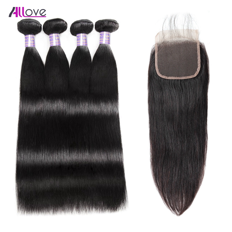 

Allove Straight 4PCS Malaysian Virgin Wefts Brazilian Human Hair Bundles Indian Extensions With Lace Closure Wholesale for Women All Ages Natural Black 8-28 inch, Natural color