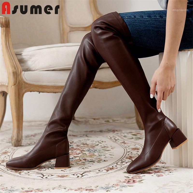 

Asumer 2021 Newest Thigh High Boots Women Genuine Leather Stretch Pu Thick Heel Casual Shoes Fashion Over The Knee Boots Women1, Brown not fur