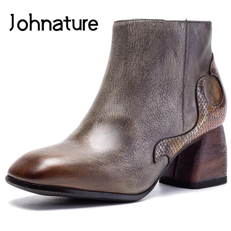 

Johnature High Heel Boots Women Shoes Genuine Leather 2021 New Autumn Winter Zipper Mixed Colors Square Toe Ankle Boots, Black