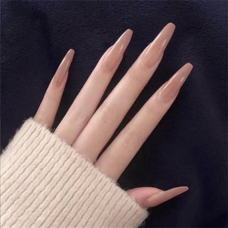 

2021 Newest 24pcs Wearable Long Gourd Ballerina Coffin False Nails Full Cover Artificial Fake Nails Women Fashion Manicure Tool, A-4